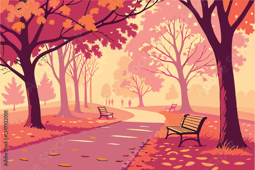 67 Autumn park scene, vibrant fall foliage, tree-lined path, pink and orange leaves, fallen leaves on ground, wooden benches, misty atmosphere, shallow depth of field, soft focus, romantic setting, tr