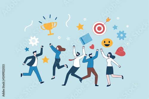 Employee engagement, work satisfaction or happiness, company commitment or employee appreciation, wellbeing or inclusive concept, happy business people employees jump with work engagement elements.