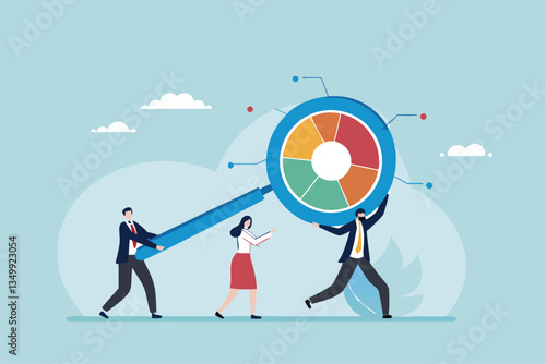 Research analysis, insight information, marketing chart diagram, optimization or analyzing data, intelligence discovery, statistics or examine concept, business people carry magnifying glass analysis.