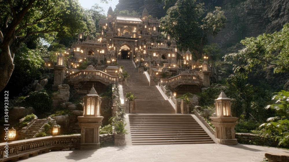 Majestic temple complex nestled in lush tropical surroundings, illuminated by warm sunlight Majestic temple complex nestled in lush tropical surroundings, illuminated by warm sunlight