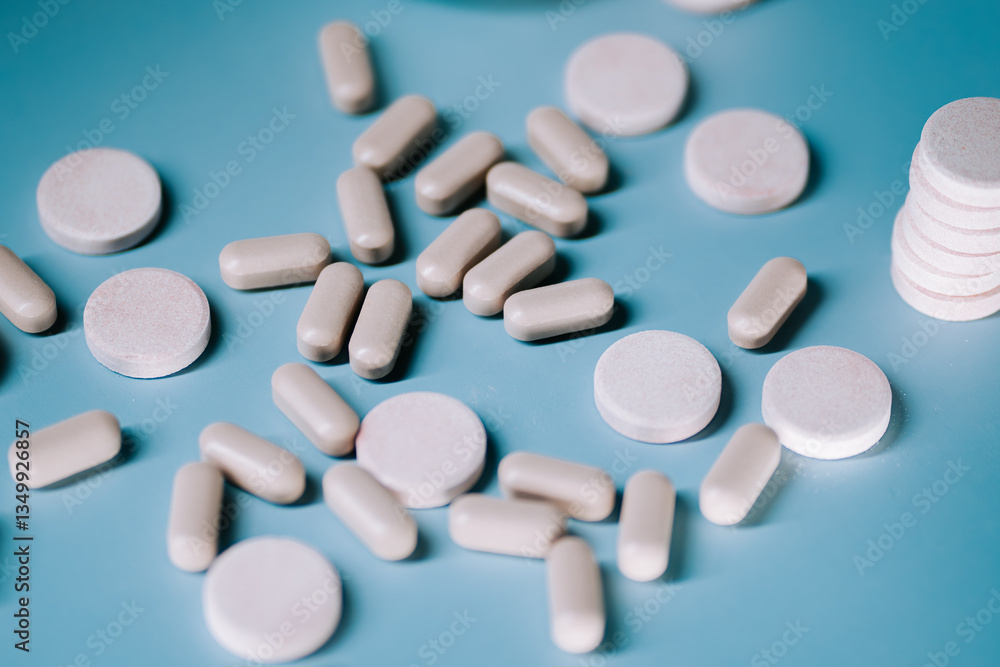 Variety of white tablets scattered on a blue background in a clinical setting with some in stacked arrangement Variety of white tablets scattered on a blue background in a clinical setting with some in stacked arrangement