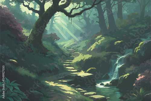 68 Lush fantasy garden, cascading waterfalls, vibrant flowers, sunbeams through forest canopy, moss-covered rocks, ethereal mist, colorful foliage, magical atmosphere, photorealistic, high detail, cin