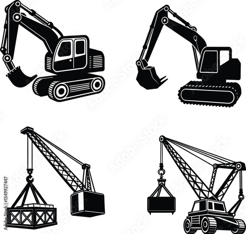 set of construction equipment crane silhouette isolated on white background new 2025,trendy,unique,heavy construction set icons.