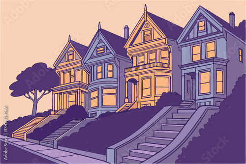 69 Colorful Victorian houses, San Francisco Painted Ladies, steep hillside, tightly packed architecture, twilight lighting, warm glowing windows, pastel colors, ornate details, steep steps, iconic cit