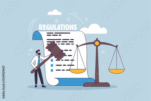 Regulations, law or rules, authority, legislation or government lawsuit, legal document justice or courthouse, verdict or punishment concept, businessman hold gavel with scale and regulation document.