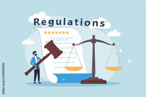 Regulations, law or rules, authority, legislation or government lawsuit, legal document justice or courthouse, verdict or punishment concept, businessman hold gavel with scale and regulation document.