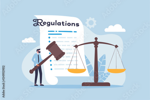Regulations, law or rules, authority, legislation or government lawsuit, legal document justice or courthouse, verdict or punishment concept, businessman hold gavel with scale and regulation document.