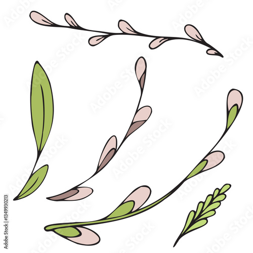 spring easter traditional fluffy pussy willow branches, beginning of spring, vector color isolated design element, hand drawn doodle element, for kids