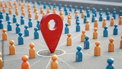 Location pin, crowd of people, GPS marker, networking concept, social connections, 3D illustration.