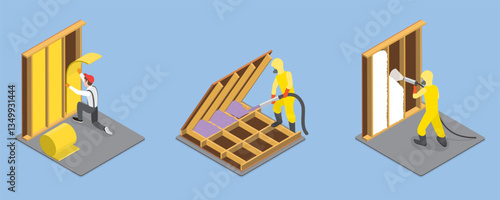 3D Isometric Flat Vector Illustration of Spray Foam Insulation, Construction Service, House Renovation