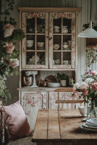 Wooden table with flower vase