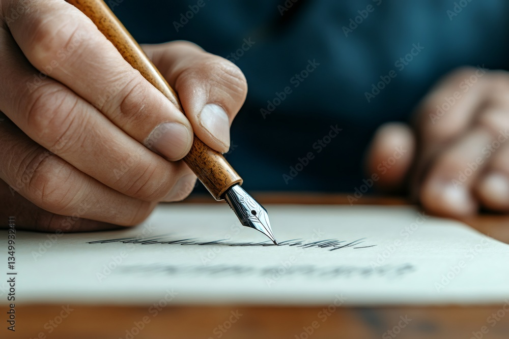 Writer composing calligraphy letter with nib pen on old paper