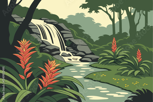 70 Tropical paradise, lush waterfall, vibrant flowers, exotic foliage, colorful bromeliads, cascading water, rocky stream, jungle atmosphere, dappled sunlight, reflective pool, dense vegetation, natur