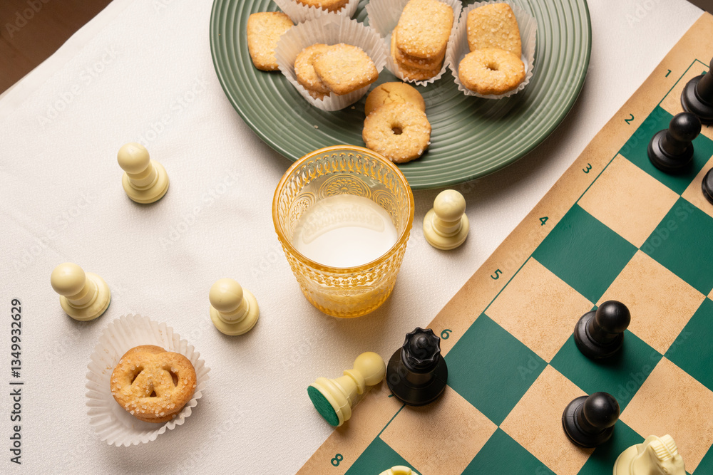 Enjoying chess and cookies with milk on a table Enjoying chess and cookies with milk on a table