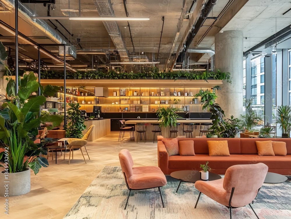 Naklejka premium A contemporary office featuring innovative furniture solutions, collaborative open spaces, and focus rooms designed for privacy and concentration