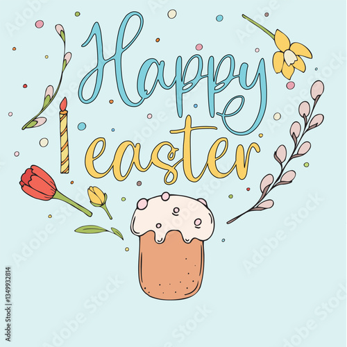 happy easter - greeting card template, pussy willow, kulich, flowers, vector color isolated design element, hand drawn doodle element, for kids