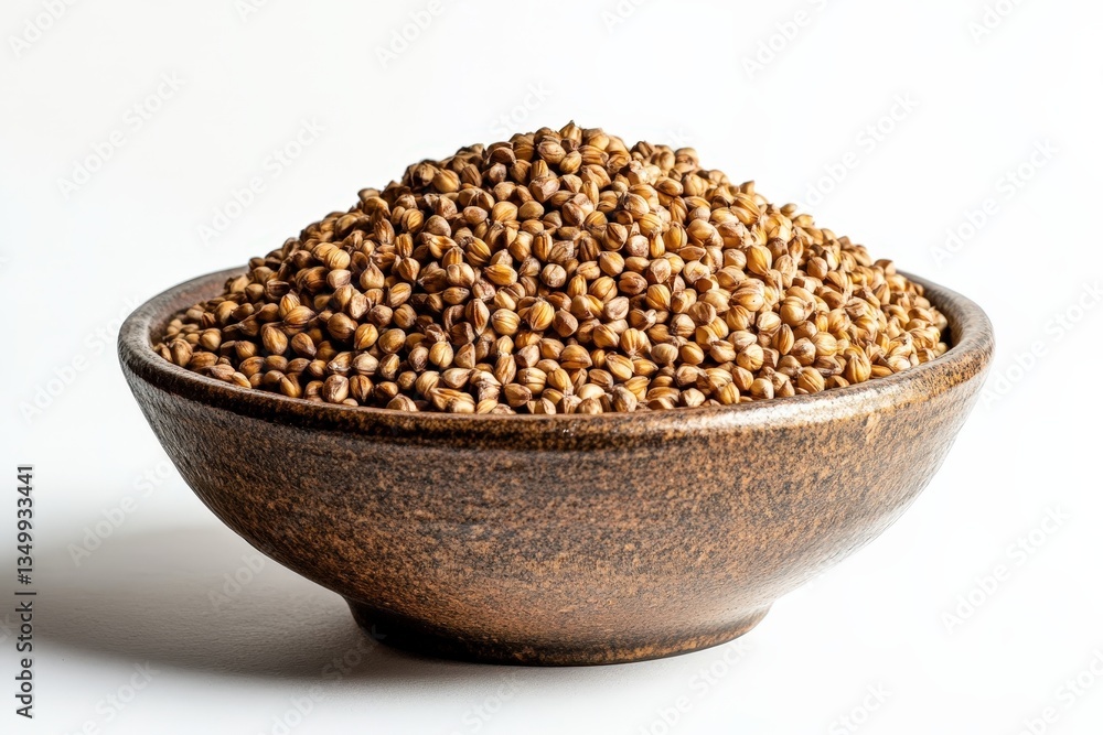 A ceramic bowl filled with brown grain seeds is present A ceramic bowl filled with brown grain seeds is present