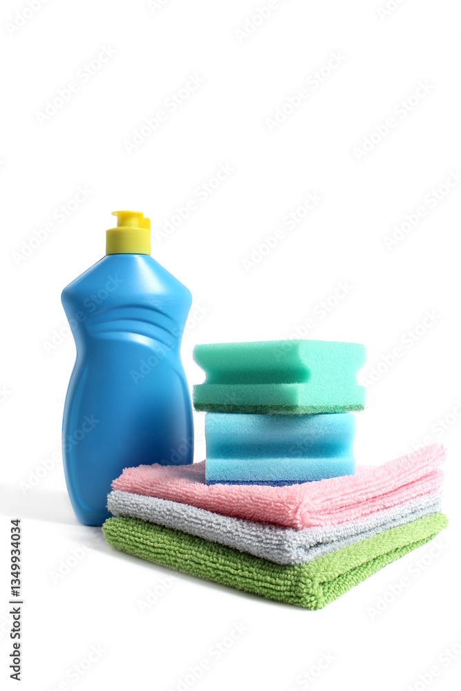 On a white background there is a blue bottle with detergent and sponges for washing dishes. On a white background there is a blue bottle with detergent and sponges for washing dishes.