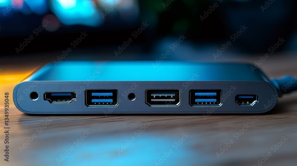 Usb hub expanding connectivity options on wooden desk Usb hub expanding connectivity options on wooden desk