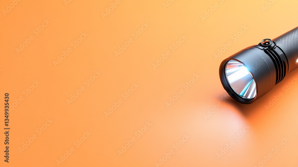 Illuminated flashlight beam on orange surface, providing light Illuminated flashlight beam on orange surface, providing light