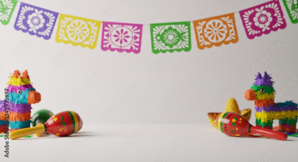 Obraz premium Colorful mexican party decorations with pinata donkeys, maracas, sombrero and papel picado bunting on white background. Cinco de Mayo celebration setup with copy space.