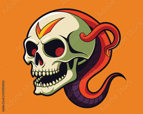 Skull and Snake Vector Illustration. Dark Art Tattoo Design