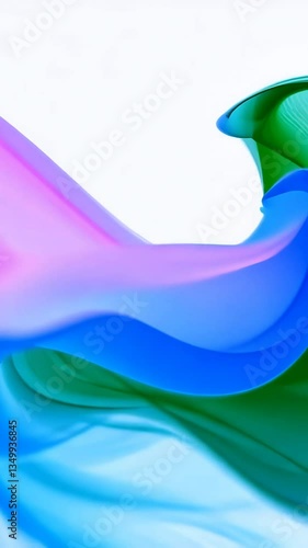Abstract fluid motion of blue and purple waves flowing through green elements. Smooth gradient colors blend and transform creating a dynamic, ethereal visual effect with copy space.
