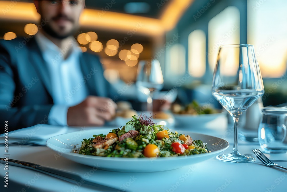 Businessman in a sharp suit enjoying a gourmet meal in a luxurious airport lounge Businessman in a sharp suit enjoying a gourmet meal in a luxurious airport lounge
