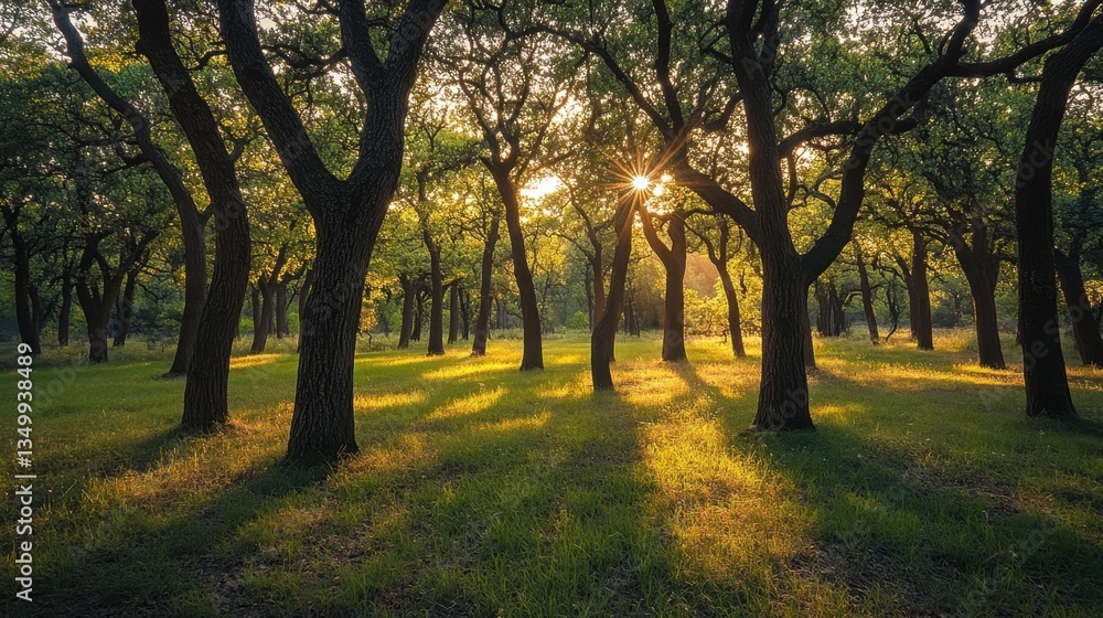 Naklejka premium Sunlit Forest Canopy: A mesmerizing vista of a sun-dappled forest, with towering trees reaching for the sky and casting long shadows over the emerald-green grass.