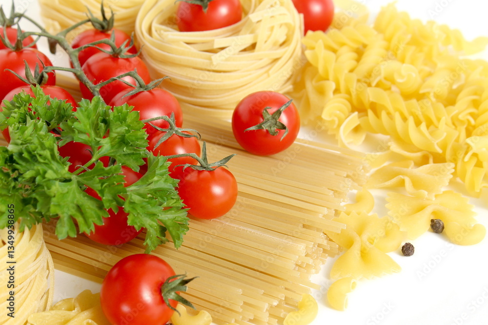 On a white background there are pasta in the form of a basket with cherry tomatoes. On a white background there are pasta in the form of a basket with cherry tomatoes.