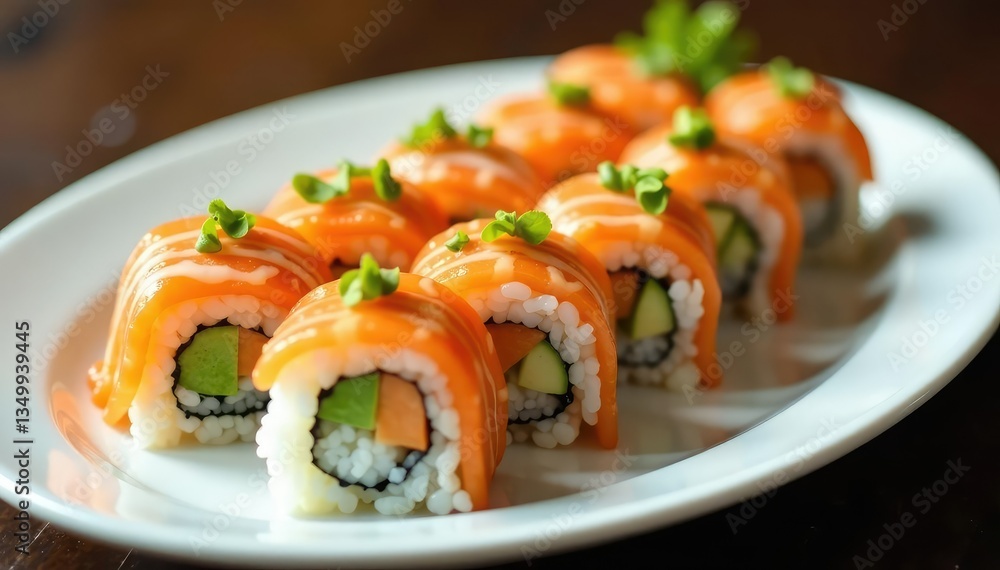 Variety of sushi rolls on white plate, soy sauce, wasabi, food, oriental, seaweed Variety of sushi rolls on white plate, soy sauce, wasabi, food, oriental, seaweed