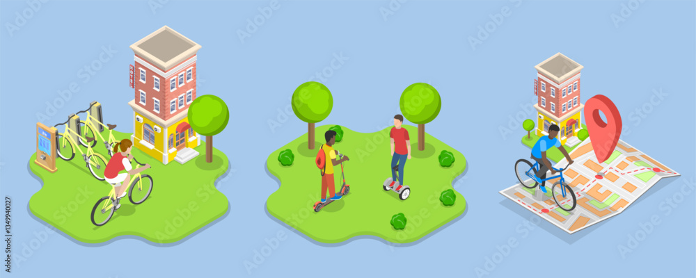 3D Isometric Flat Vector Illustration of Urban Transportation, Eco Friendly Transport 3D Isometric Flat Vector Illustration of Urban Transportation, Eco Friendly Transport