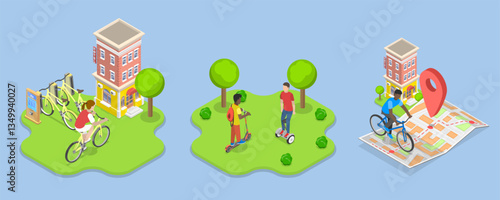 3D Isometric Flat Vector Illustration of Urban Transportation, Eco Friendly Transport