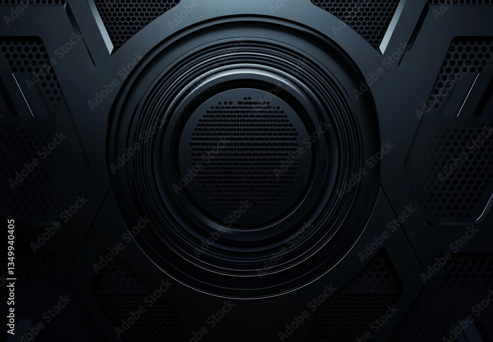 Fototapeta premium A dark abstract metallic structure with circular patterns and hexagonal mesh details visible in the image
