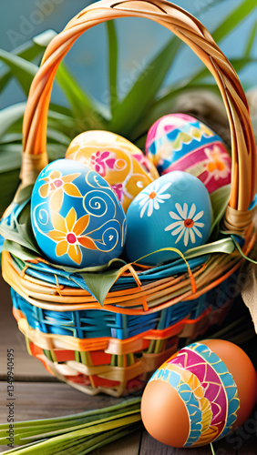 Cartoon illustration of colorful easter eggs in basket