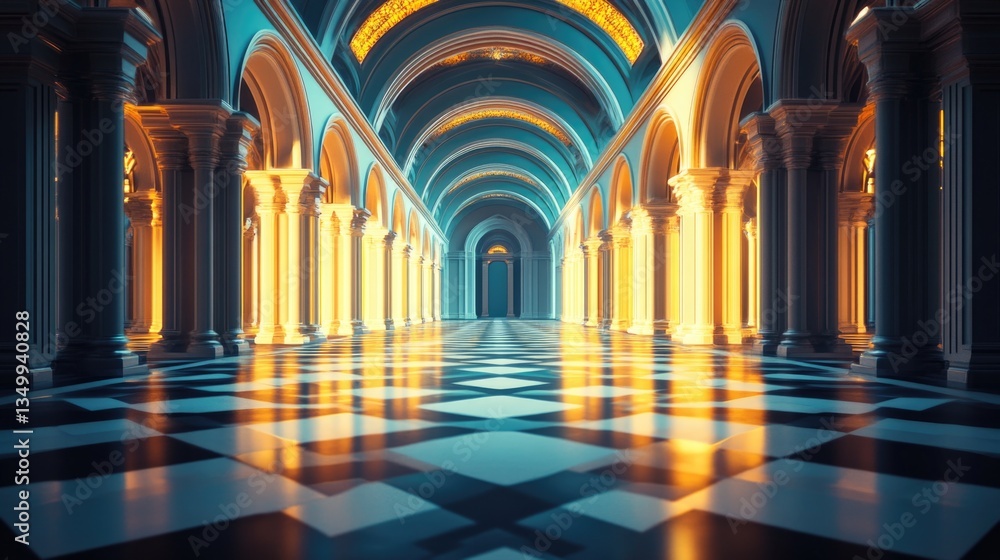 Obraz premium Hallway with Columns and Checkered Floor