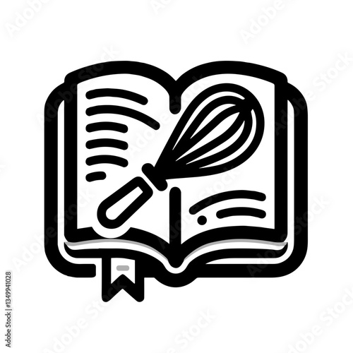Open cookbook with a whisk representing culinary skills and creativity in a black and white design
