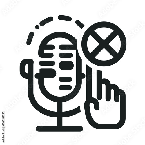 Microphone with a "no" symbol representing rejection and exclusion in a black and white design