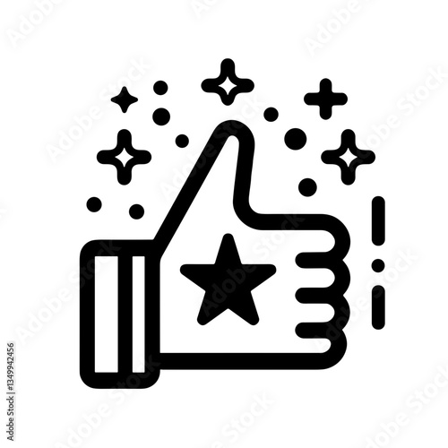 Thumbs up with a star and sparkles representing approval and positivity in a black and white design