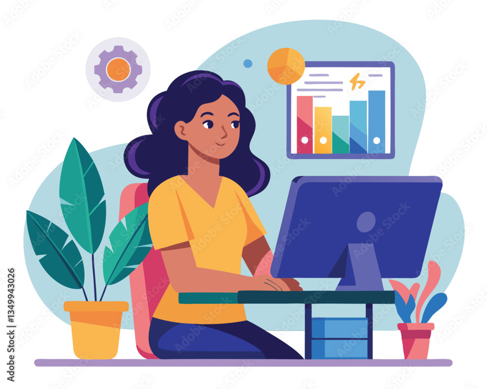 Businesswoman Working at Desk with Computer and Chart Businesswoman Working at Desk with Computer and Chart