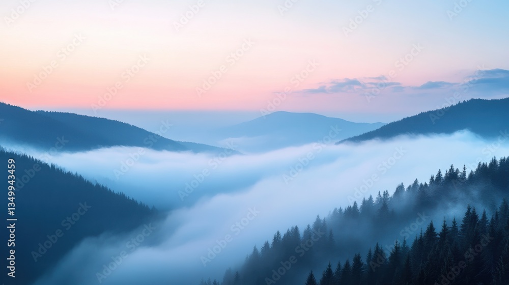 Obraz premium Mountain Majesty: A breathtaking panorama of mountain ranges shrouded in ethereal mist, painted with the soft hues of a twilight sky, evoking a sense of peace and awe.