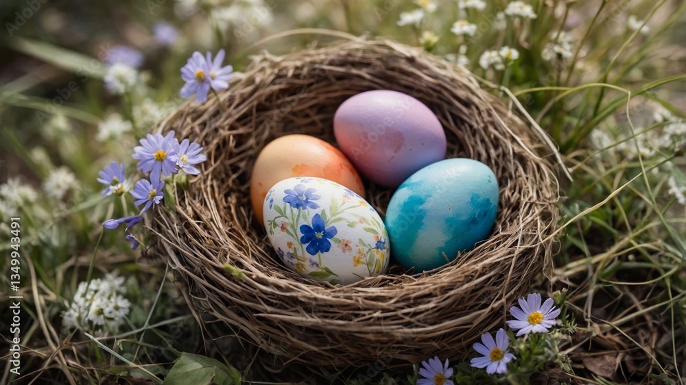 Obraz premium Colorful Easter eggs resting in a nest surrounded by wildflowers on a sunny spring day