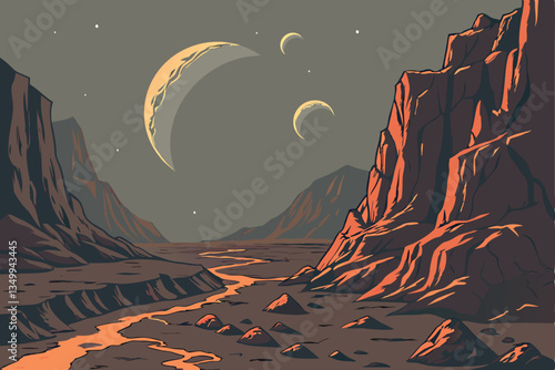 71 Alien landscape, rocky terrain, jagged cliffs, twin moons in sky, glowing embers, volcanic activity, barren planet, science fiction scene, dramatic lighting, distant planets, starry night, otherwor