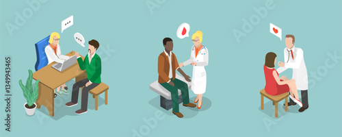 3D Isometric Flat Vector Illustration of Health Examination, Patients Meeting Doctor
