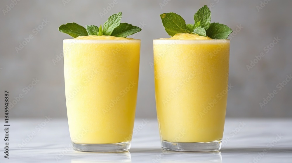 Fototapeta premium Two glasses of vibrant yellow smoothie, topped with fresh mint leaves. Smooth and creamy texture