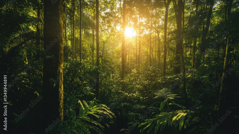Obraz premium Golden Hour in the Rainforest: Sunlight filters through the dense canopy of a lush rainforest, illuminating the rich greens and creating a mesmerizing play of light and shadow.