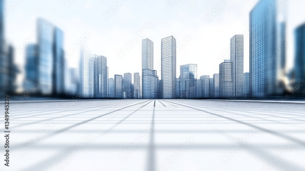 Architectural rendering showing a cityscape with a grid like foreground Architectural rendering showing a cityscape with a grid like foreground