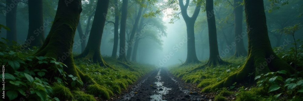 Naklejka premium Muddy forest with overgrown trees and misty atmosphere, mist, nature