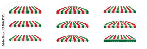 Red, white and green striped awning set. Collection of different shop canopies. Storefront sunshade elements for market stalls, cafes, outdoor shops. Realistic vector illustrations.