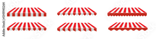 Red and white striped awning set. Collection of different shop canopies. Storefront sunshade elements for market stalls, cafes, outdoor shops. Realistic vector illustrations.